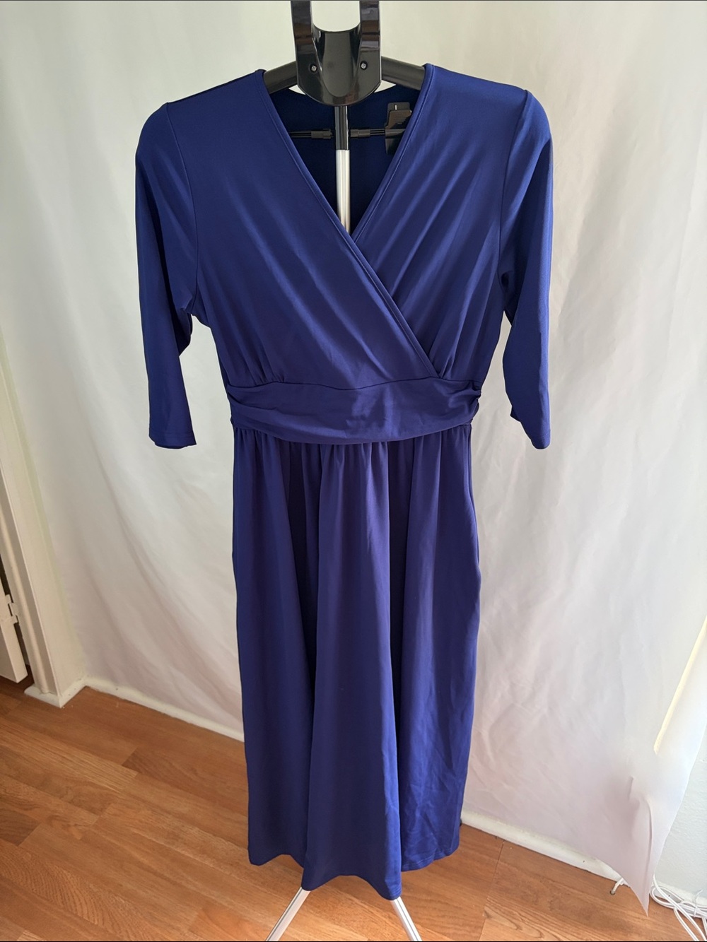 Elegant Cobalt Wrap Midi Dress with Waistband with Pockets